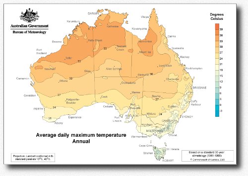 Australie, températures moyennes journalières maximales à l'année | Australia, average daily maximum temperature, annual